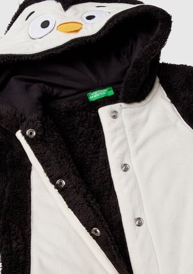  Erkek Çocuk Siyah Kol Ucu Logo Etiketli Kapüşonu Hayvan Detaylı Tulum