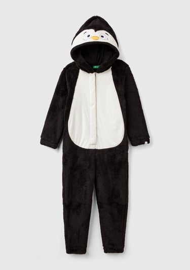  Erkek Çocuk Siyah Kol Ucu Logo Etiketli Kapüşonu Hayvan Detaylı Tulum