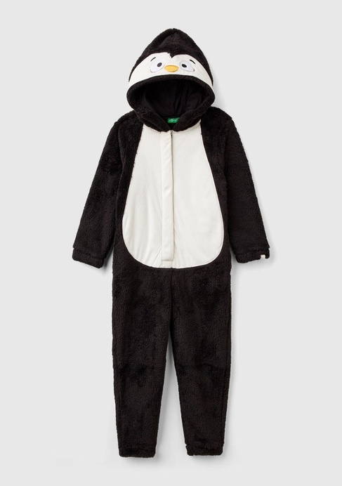  Erkek Çocuk Siyah Kol Ucu Logo Etiketli Kapüşonu Hayvan Detaylı Tulum