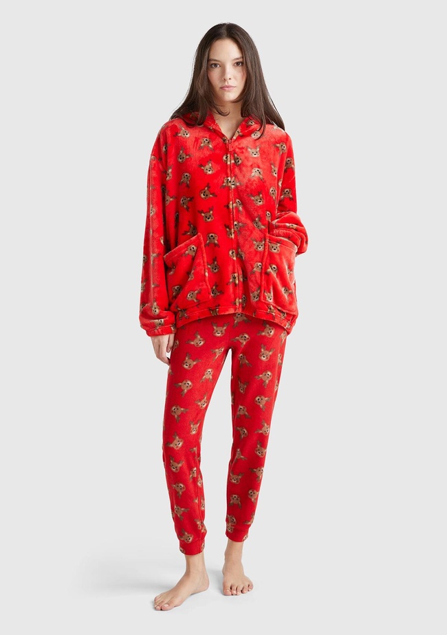  Kadın Kırmızı İpek ve Modal Karışımlı Baskılı Beli Elastik Jogger Pijama Altı