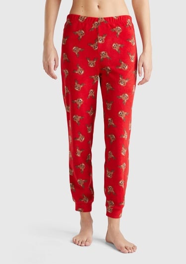  Kadın Kırmızı İpek ve Modal Karışımlı Baskılı Beli Elastik Jogger Pijama Altı