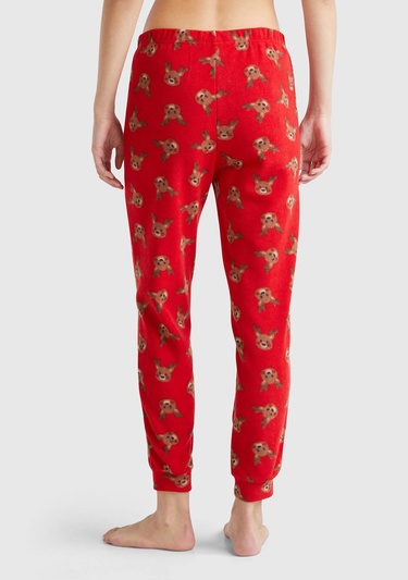  Kadın Kırmızı İpek ve Modal Karışımlı Baskılı Beli Elastik Jogger Pijama Altı