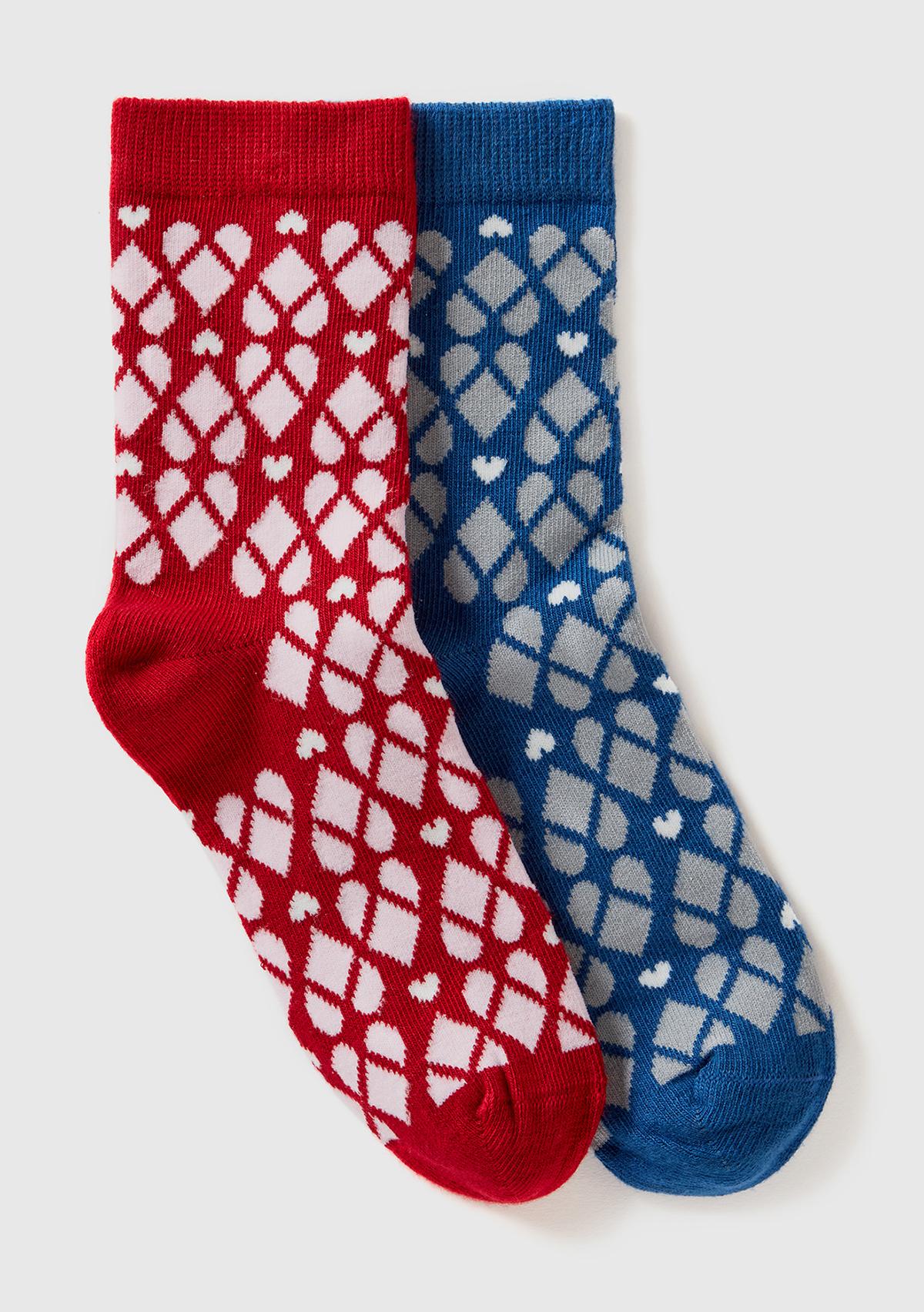  Erkek Çocuk Kırmızı Mix Desenli 2'li Uzun Soket Çorap Seti