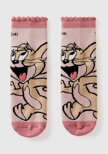 Erkek Çocuk Pembe Tom ve Jerry Baskılı Uzun Soket Çorap