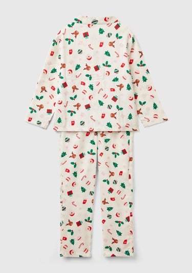  Erkek Çocuk Beyaz Tamamı Desenli Göğüs Cepli Altı Elastik Belli Pijama Takımı