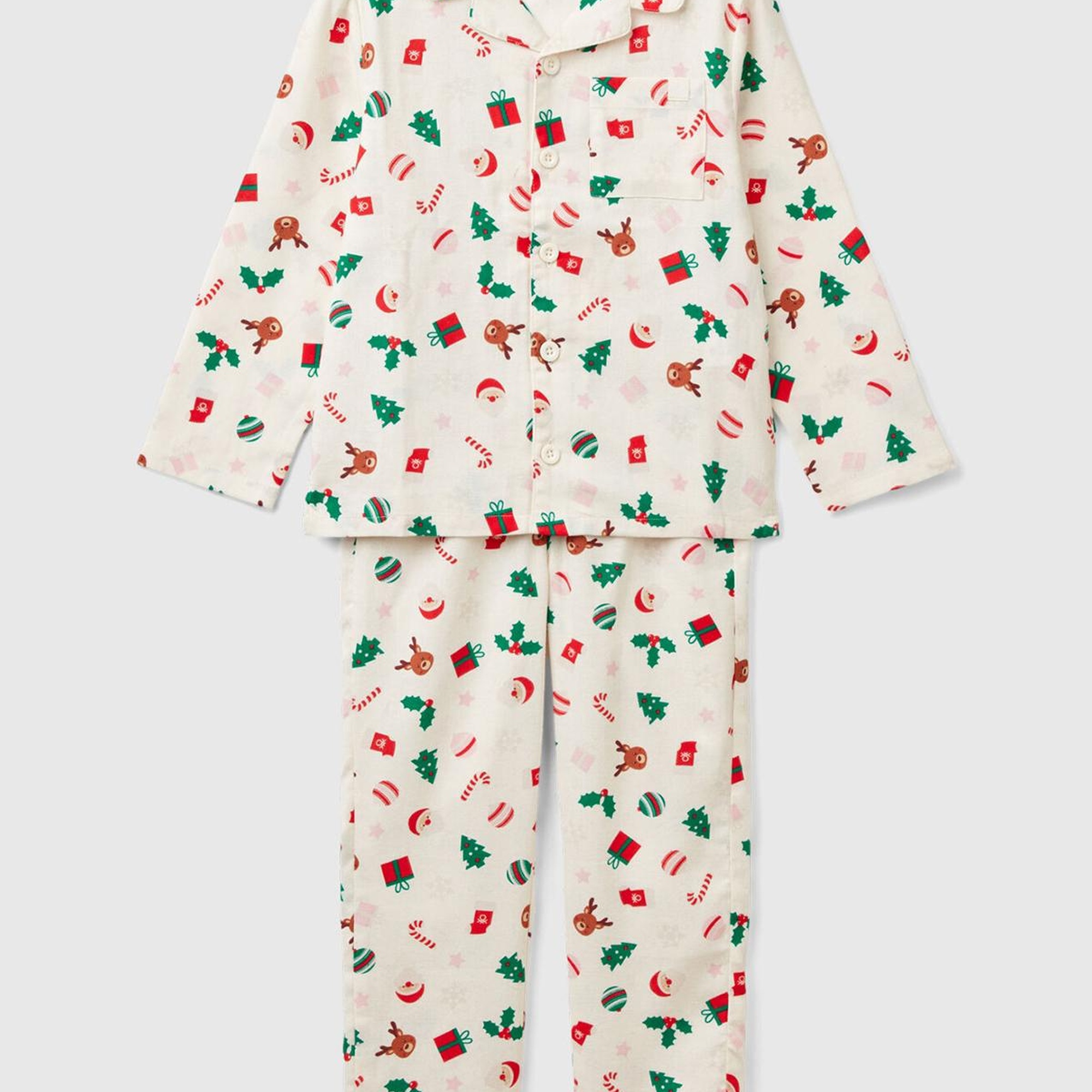 Erkek Çocuk Beyaz Tamamı Desenli Göğüs Cepli Altı Elastik Belli Pijama Takımı