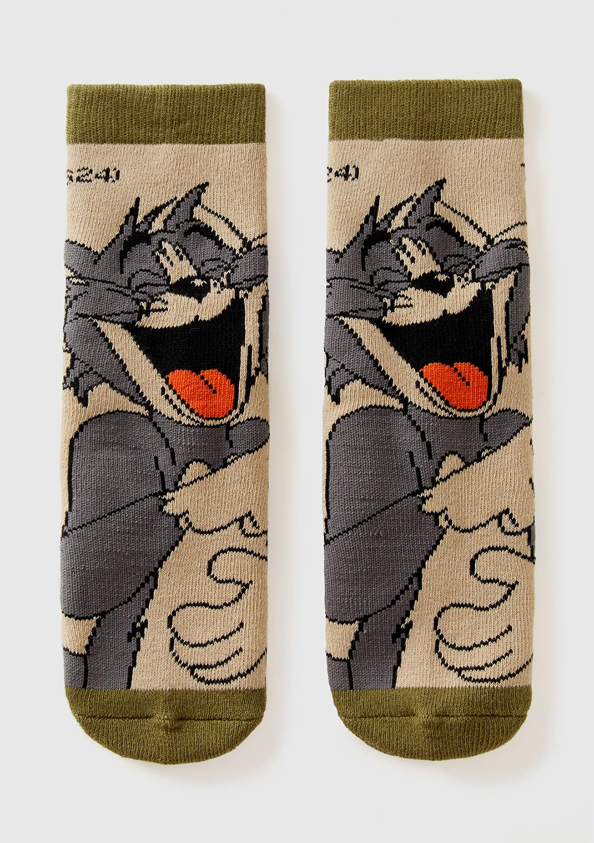  Erkek Çocuk Haki Tom ve Jerry Baskılı Uzun Soket Çorap