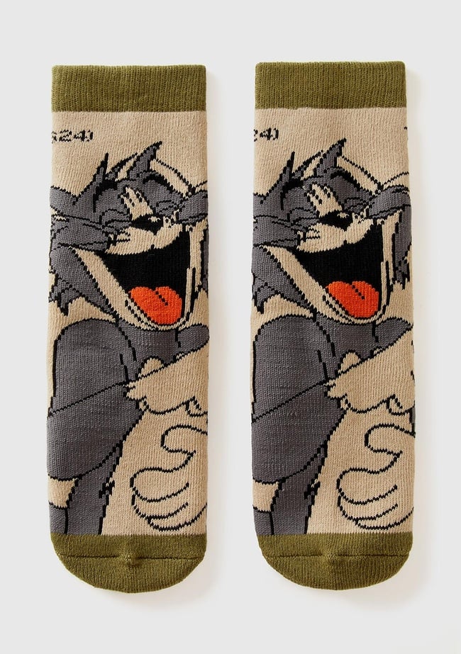  Erkek Çocuk Haki Tom ve Jerry Baskılı Uzun Soket Çorap