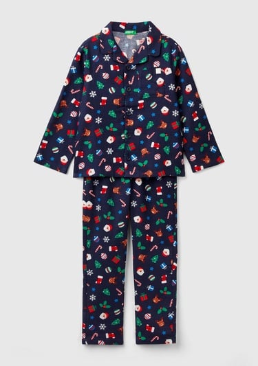  Erkek Çocuk Lacivert Tamamı Desenli Göğüs Cepli Altı Elastik Belli Pijama Takımı