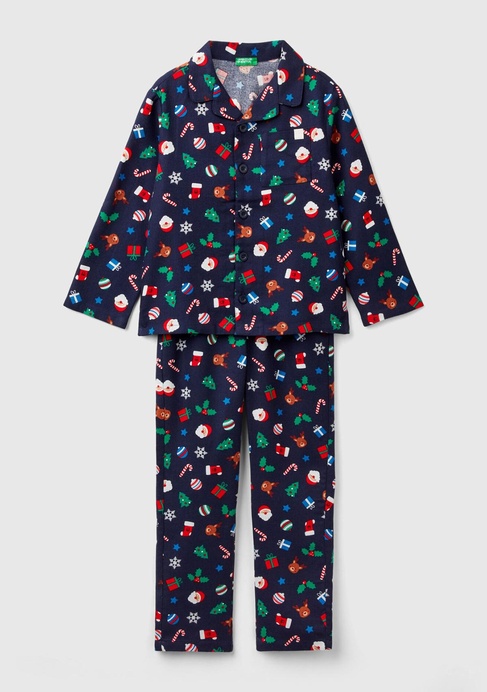  Erkek Çocuk Lacivert Tamamı Desenli Göğüs Cepli Altı Elastik Belli Pijama Takımı