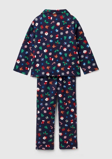  Erkek Çocuk Lacivert Tamamı Desenli Göğüs Cepli Altı Elastik Belli Pijama Takımı