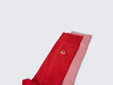  Unisex Kırmızı Logo İşlemeli Düz Renkli 2'li Uzun Çorap Seti