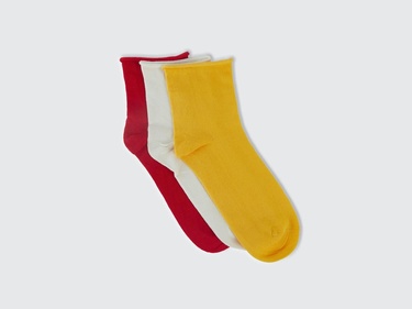  Kadın Kırmızı Mix Pamuk Karışımlı Renkli 3'lü Kısa Çorap Seti