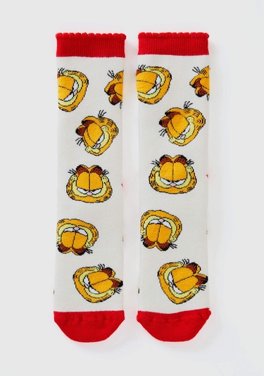  Erkek Çocuk Beyaz Garfield Baskılı Uzun Soket Çorap