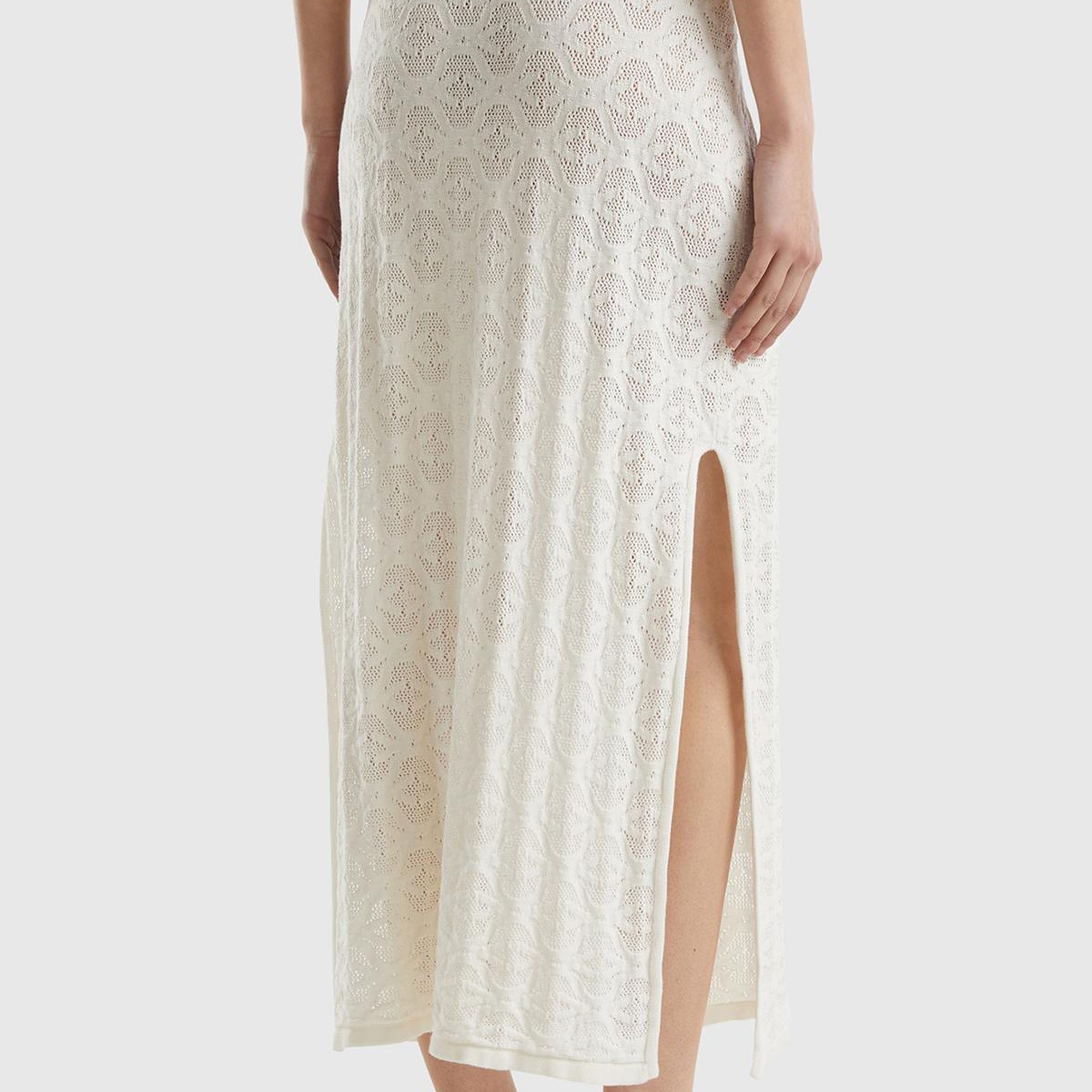 Kadın Krem %100 Pamuk Tamamı Desenli Yanlardan Yırtmaçlı Uzun Etek