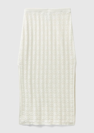  Kadın Krem %100 Pamuk Tamamı Desenli Yanlardan Yırtmaçlı Uzun Etek