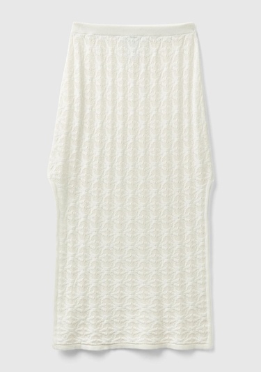  Kadın Krem %100 Pamuk Tamamı Desenli Yanlardan Yırtmaçlı Uzun Etek