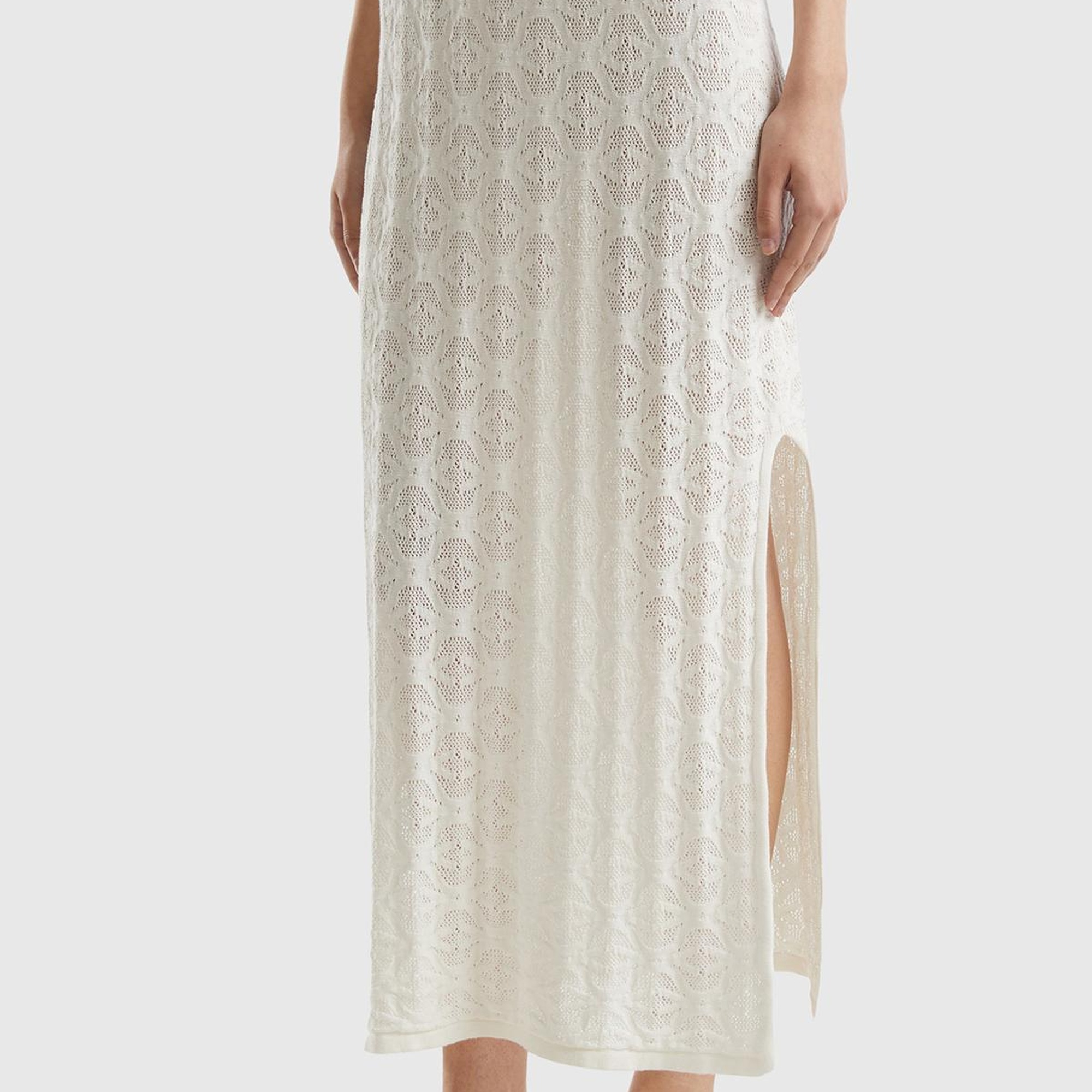 Kadın Krem %100 Pamuk Tamamı Desenli Yanlardan Yırtmaçlı Uzun Etek