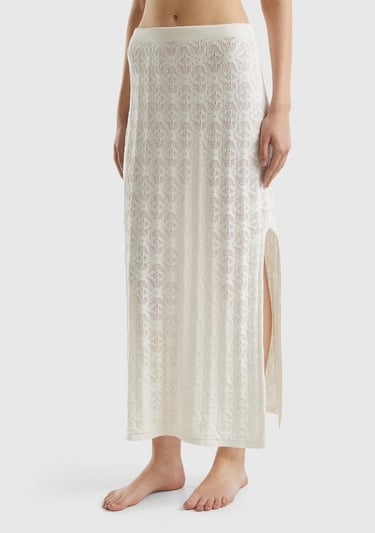  Kadın Krem %100 Pamuk Tamamı Desenli Yanlardan Yırtmaçlı Uzun Etek