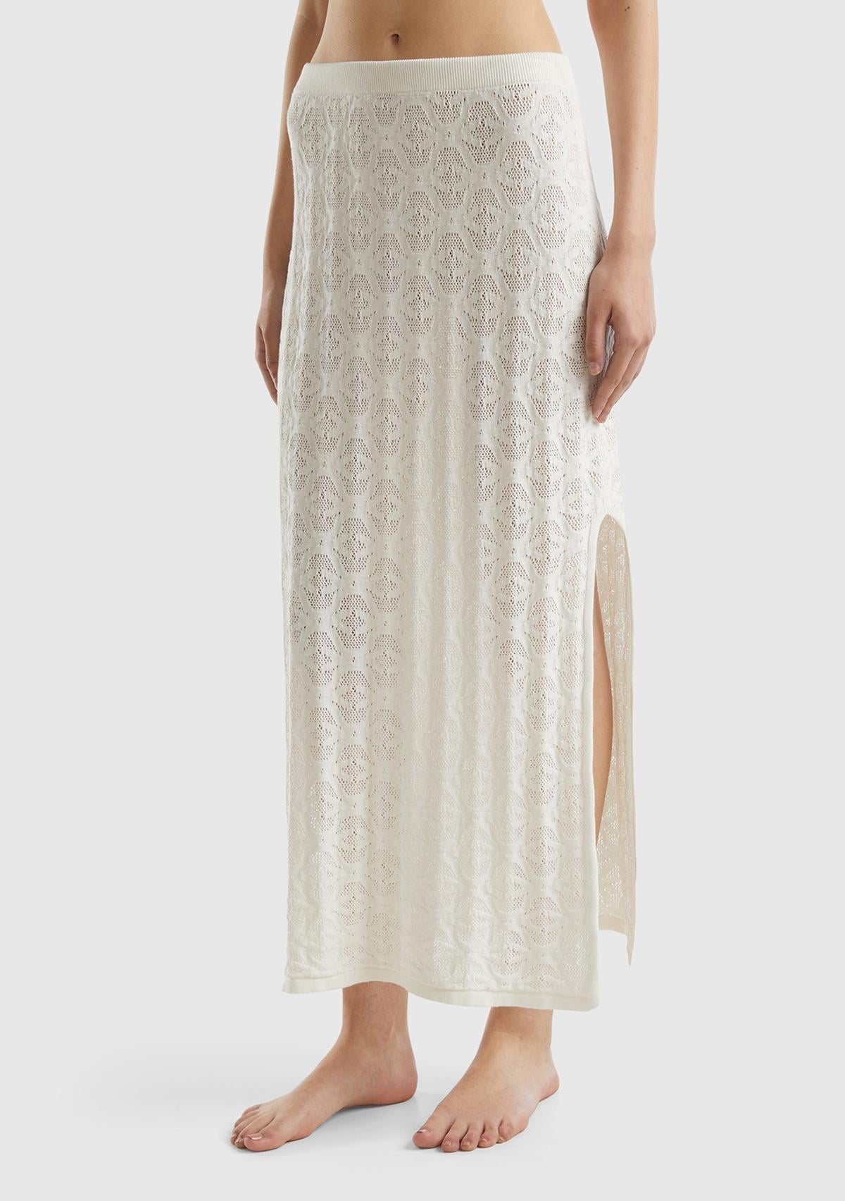  Kadın Krem %100 Pamuk Tamamı Desenli Yanlardan Yırtmaçlı Uzun Etek