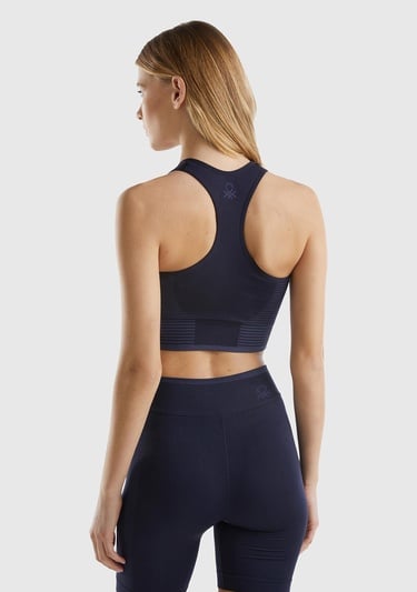  Kadın Koyu Lacivert Arkası Logo İşlemeli Askı Detaylı Destekli Sporcu Crop Üst