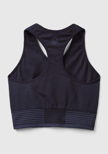 Kadın Koyu Lacivert Arkası Logo İşlemeli Askı Detaylı Destekli Sporcu Crop Üst
