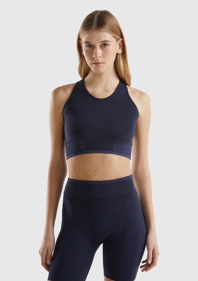  Kadın Koyu Lacivert Arkası Logo İşlemeli Askı Detaylı Destekli Sporcu Crop Üst