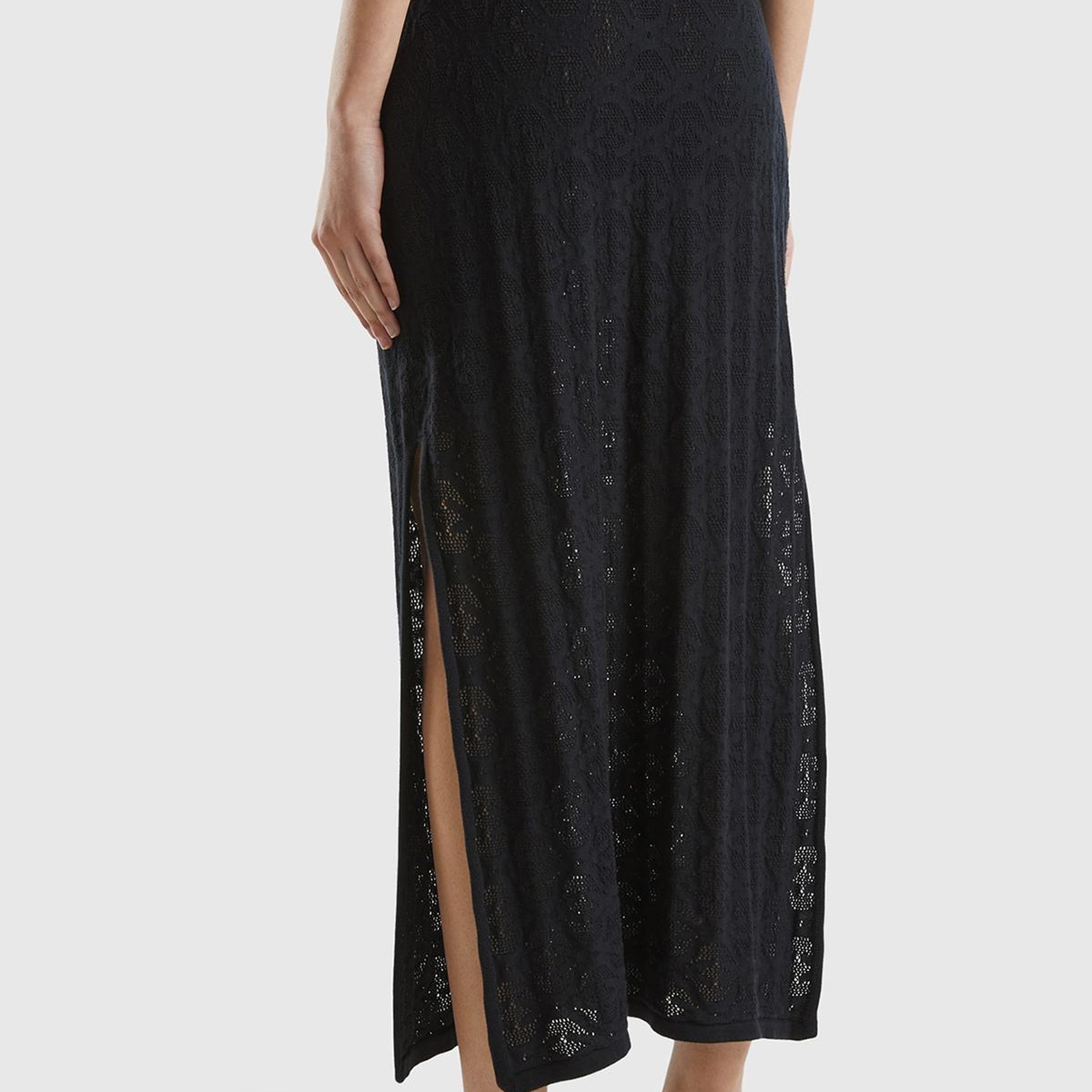 Kadın Siyah %100 Pamuk Tamamı Desenli Yanlardan Yırtmaçlı Uzun Etek