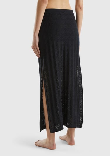  Kadın Siyah %100 Pamuk Tamamı Desenli Yanlardan Yırtmaçlı Uzun Etek