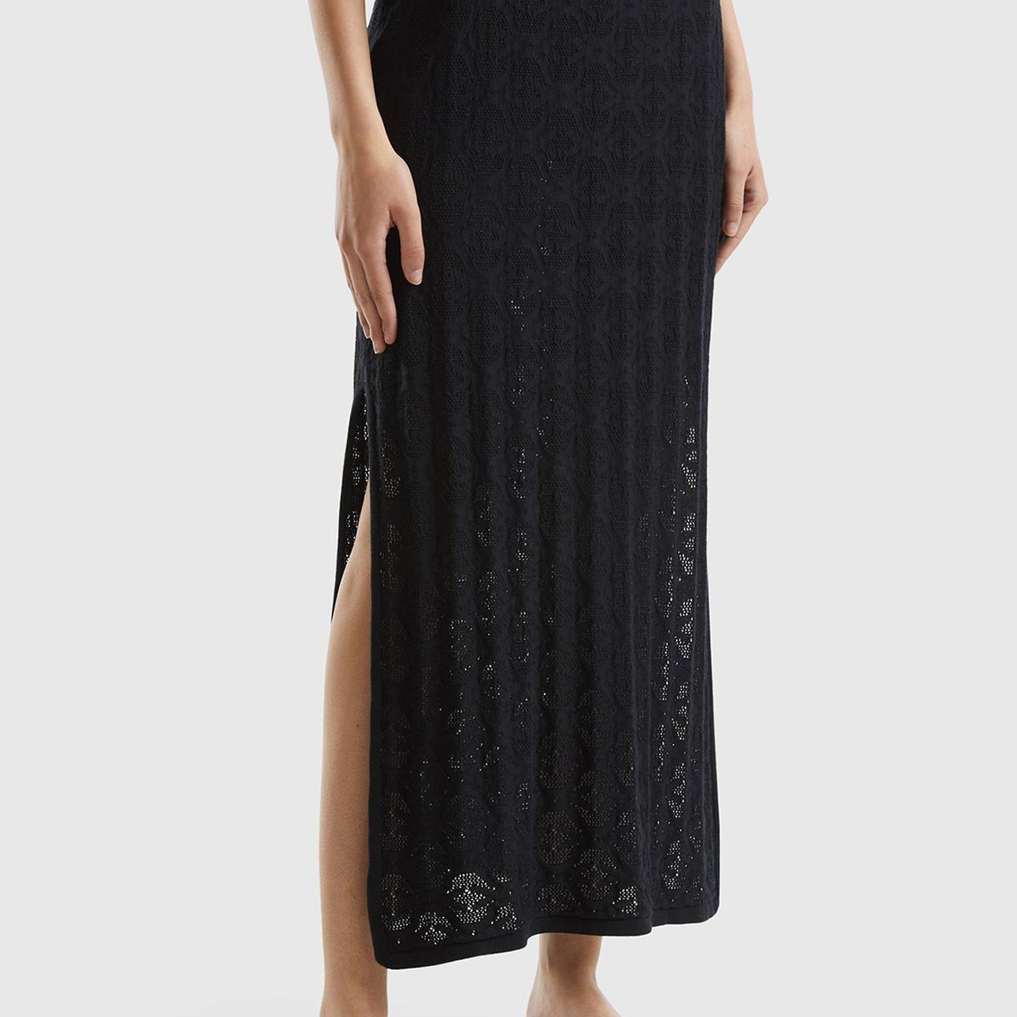 Kadın Siyah %100 Pamuk Tamamı Desenli Yanlardan Yırtmaçlı Uzun Etek