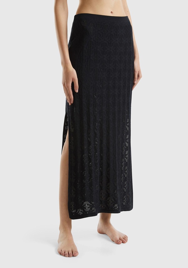  Kadın Siyah %100 Pamuk Tamamı Desenli Yanlardan Yırtmaçlı Uzun Etek