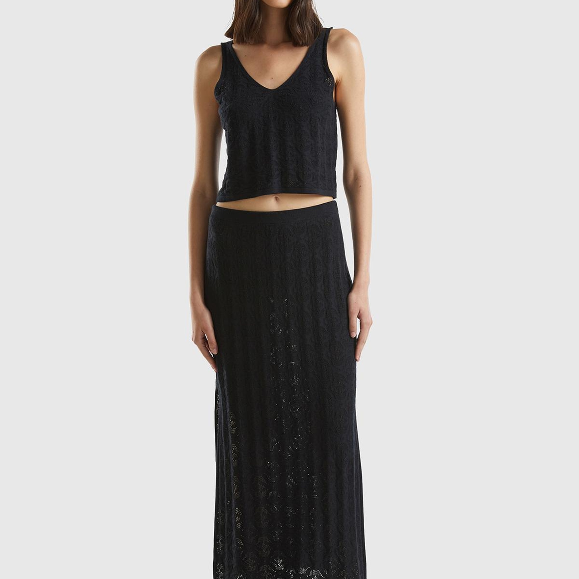 Kadın Siyah %100 Pamuk Tamamı Desenli Yanlardan Yırtmaçlı Uzun Etek