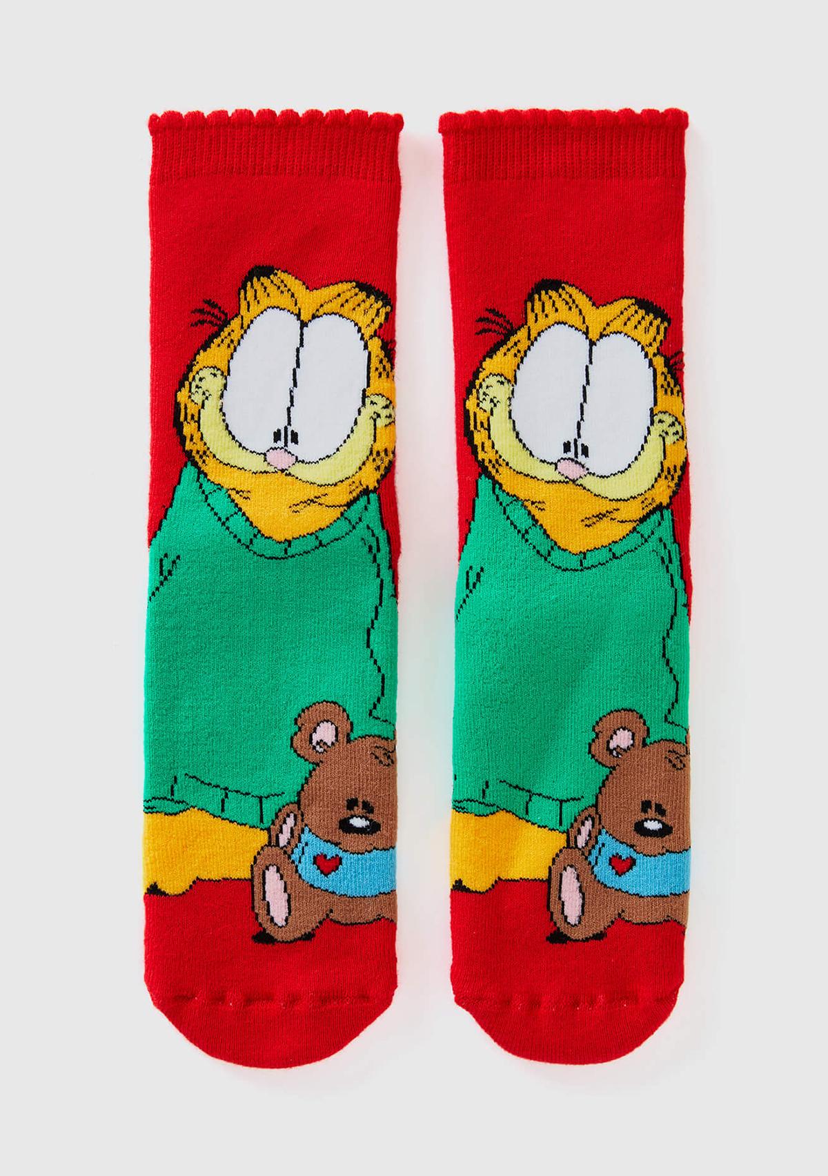  Erkek Çocuk Kırmızı Garfield Baskılı Uzun Soket Çorap