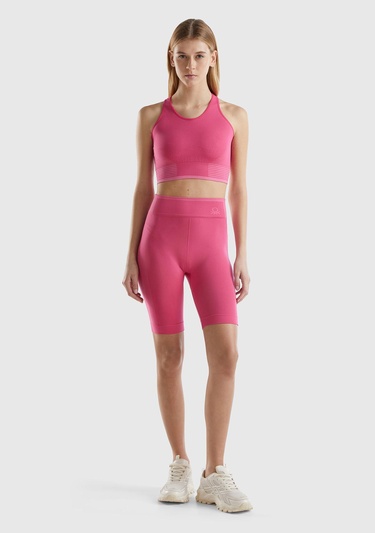  Kadın Fuşya Arkası Logo İşlemeli Askı Detaylı Destekli Sporcu Crop Üst