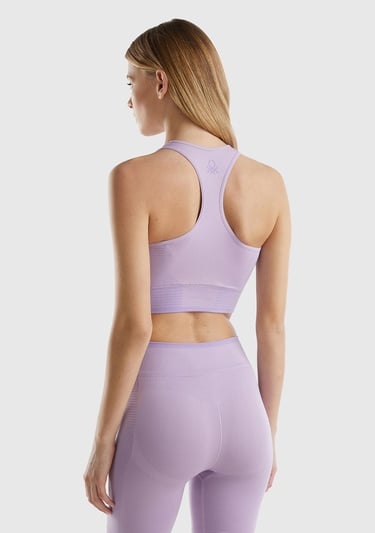  Kadın Lila Arkası Logo İşlemeli Askı Detaylı Destekli Sporcu Crop Üst