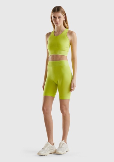  Kadın Neon Yeşil Arkası Logo İşlemeli Askı Detaylı Destekli Sporcu Crop Üst