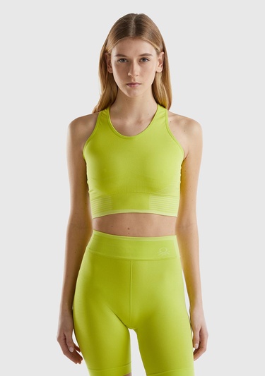  Kadın Neon Yeşil Arkası Logo İşlemeli Askı Detaylı Destekli Sporcu Crop Üst