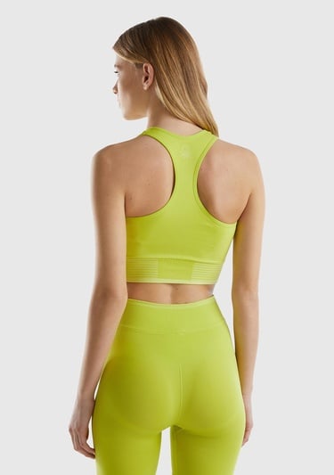  Kadın Neon Yeşil Arkası Logo İşlemeli Askı Detaylı Destekli Sporcu Crop Üst