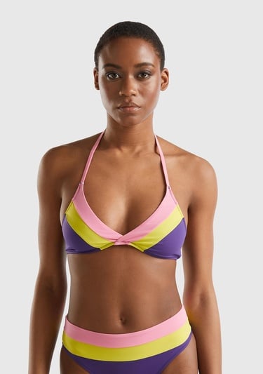  Kadın Mor Mix Renk Bloklu Boyundan Bağlamalı Üçgen Bikini Üstü