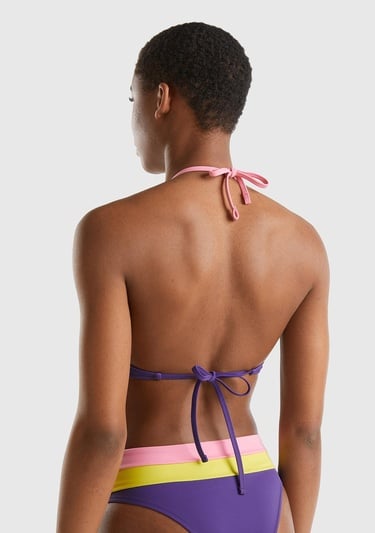  Kadın Mor Mix Renk Bloklu Boyundan Bağlamalı Üçgen Bikini Üstü