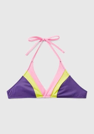  Kadın Mor Mix Renk Bloklu Boyundan Bağlamalı Üçgen Bikini Üstü