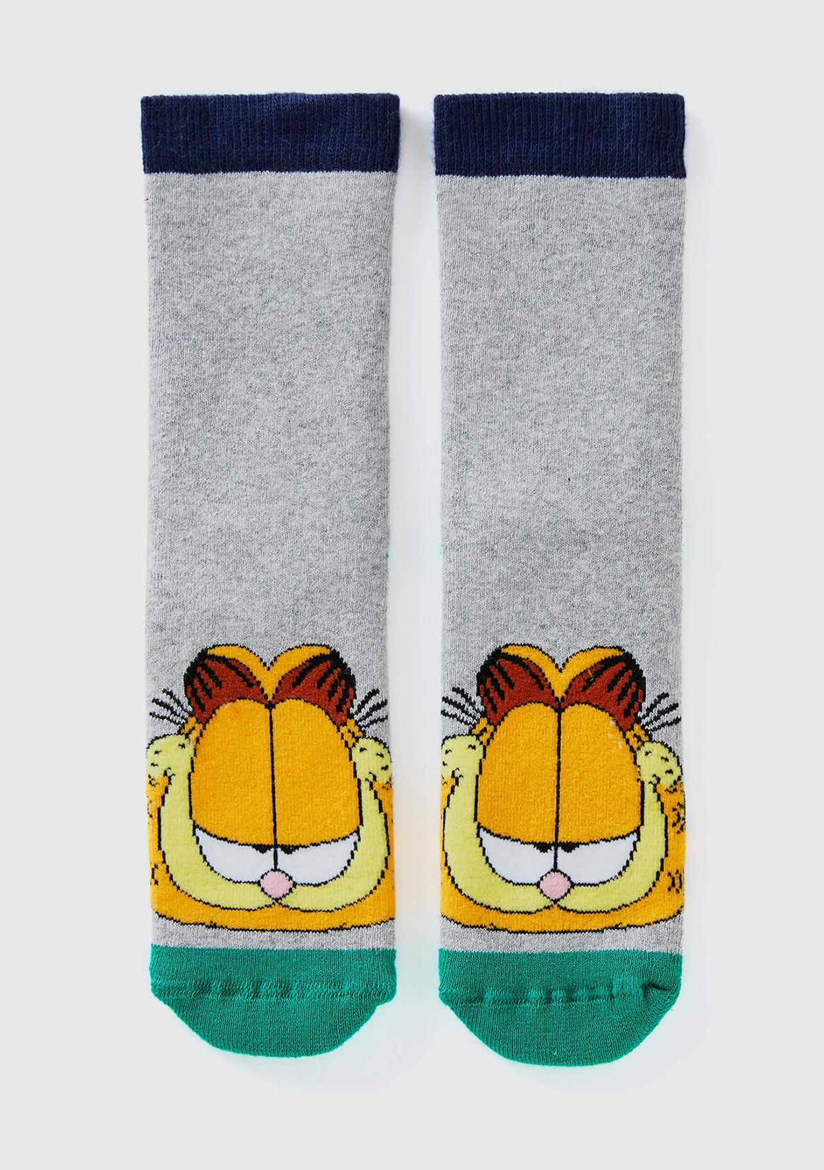  Erkek Çocuk Gri Garfield Baskılı Uzun Soket Çorap