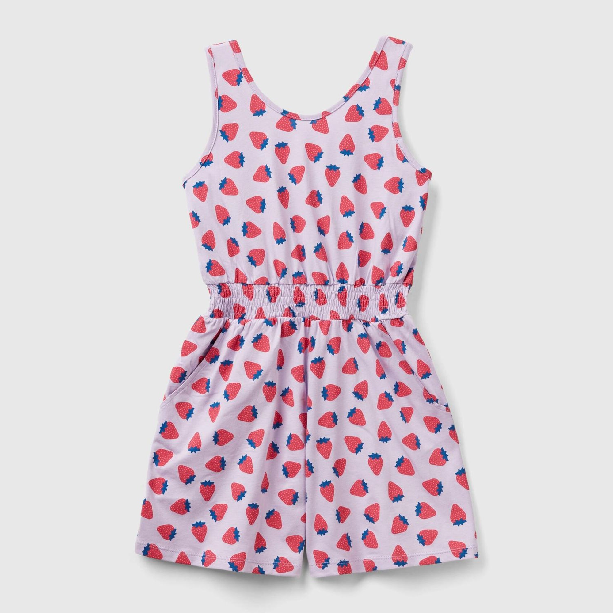 Kız Çocuk Lila Mix Tamamı Desenli Beli Büzgülü Bisiklet Yaka Şortlu Tulum