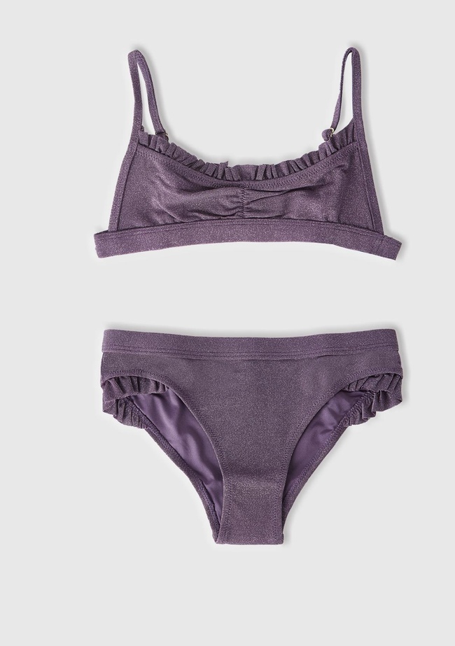  Kız Çocuk Mor Mix Tek Renk Ayarlanabilir Askılı Fırfırlı Bikini