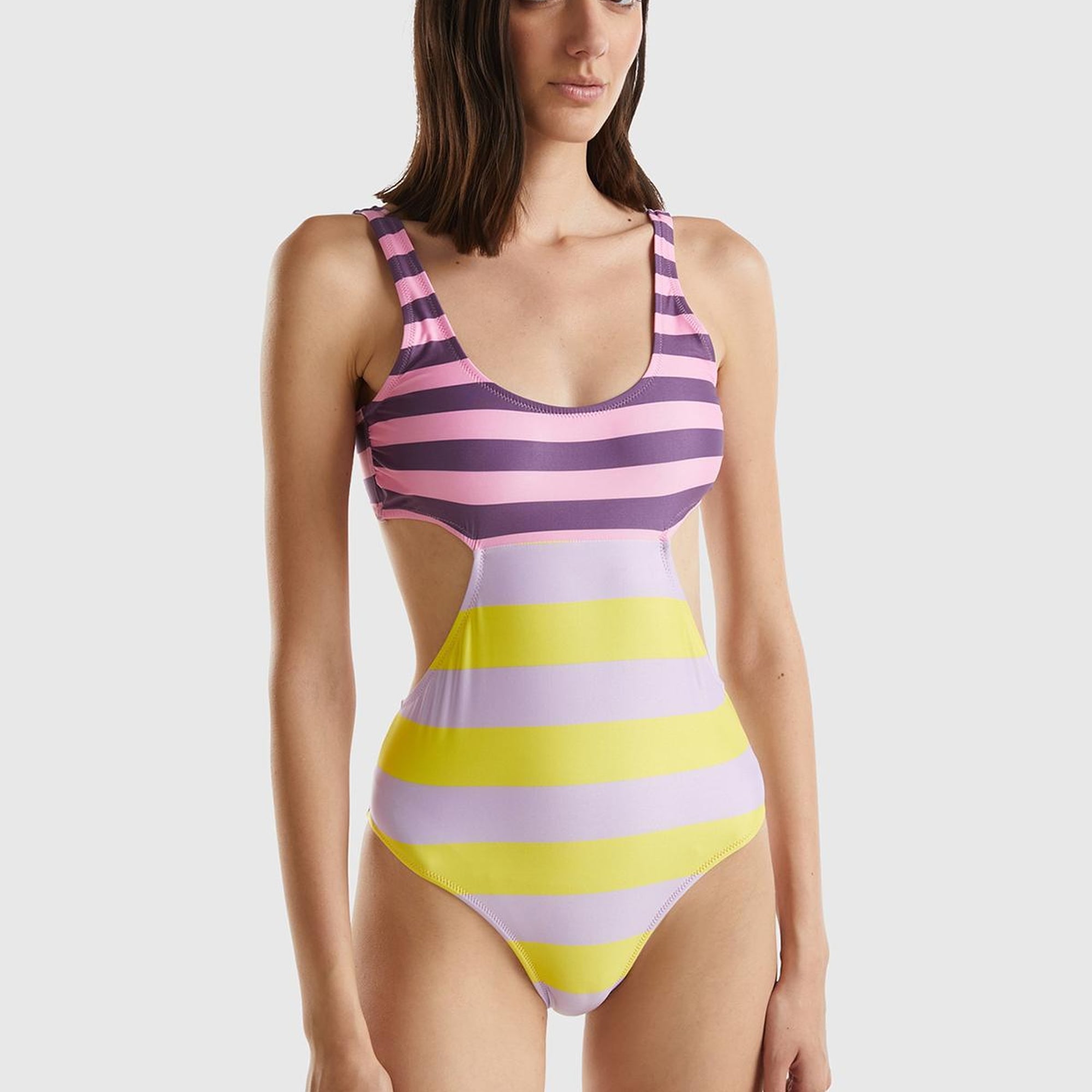 Kadın Sarı Mix Bel ve Sırt Detaylı İki Renkli Çizgili Mayo