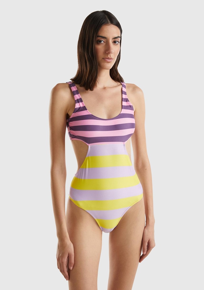  Kadın Sarı Mix Bel ve Sırt Detaylı İki Renkli Çizgili Mayo