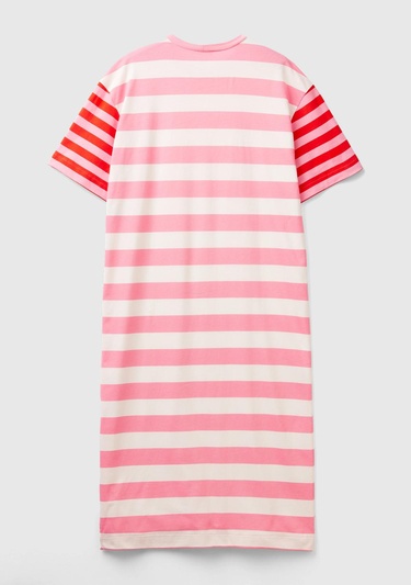  Kadın Pembe Mix %100 Pamuk Çizgili Yanı Yırtmaçlı Bisiklet Yaka Elbise
