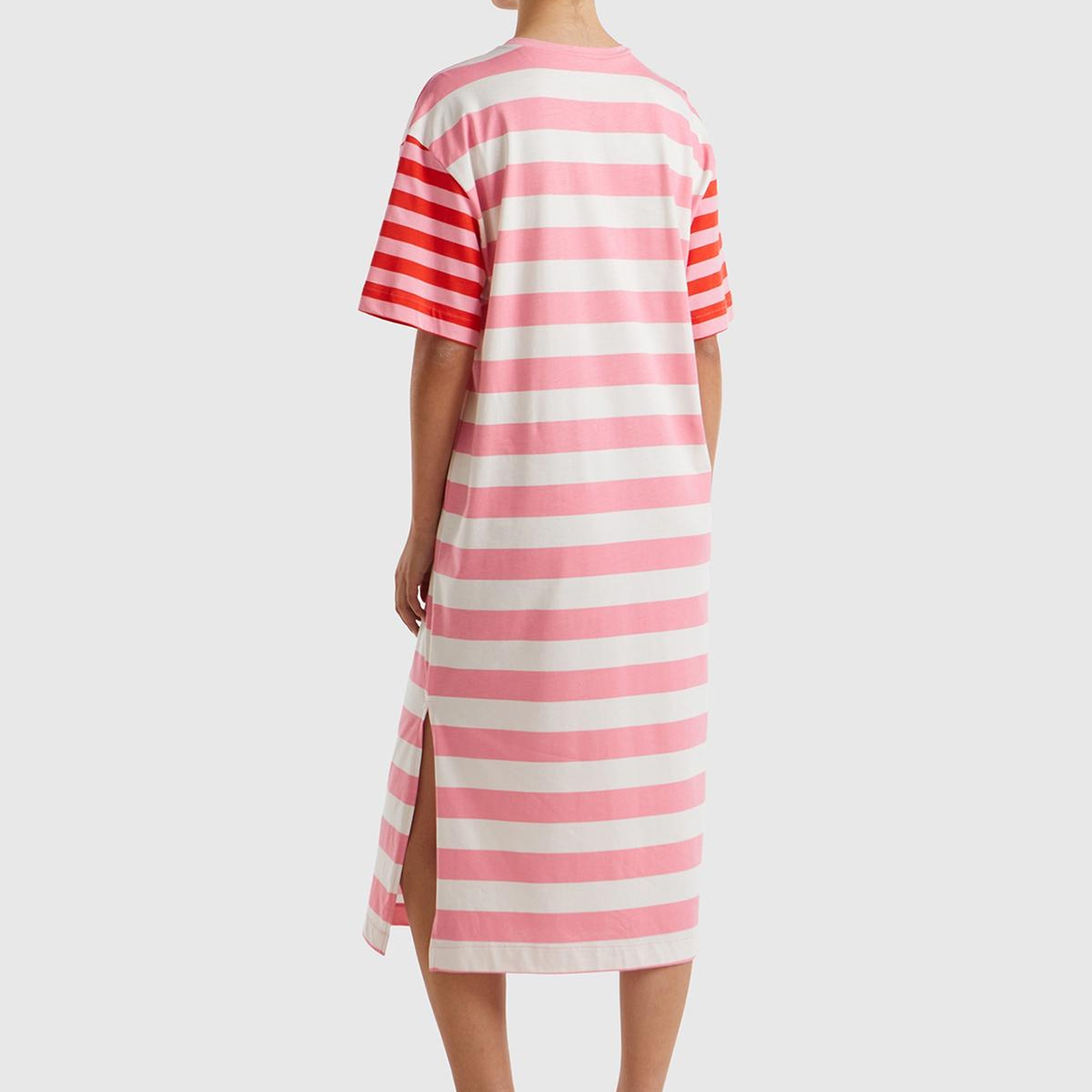 Kadın Pembe Mix %100 Pamuk Çizgili Yanı Yırtmaçlı Bisiklet Yaka Elbise