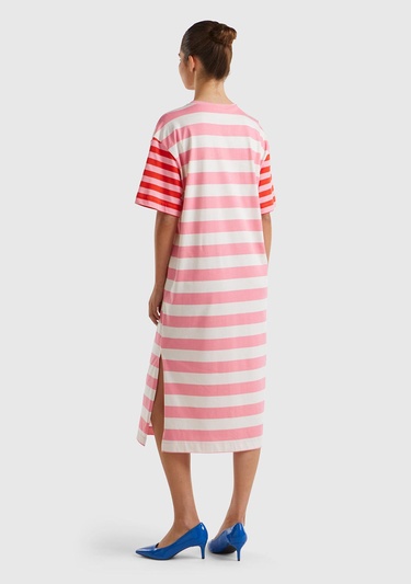  Kadın Pembe Mix %100 Pamuk Çizgili Yanı Yırtmaçlı Bisiklet Yaka Elbise