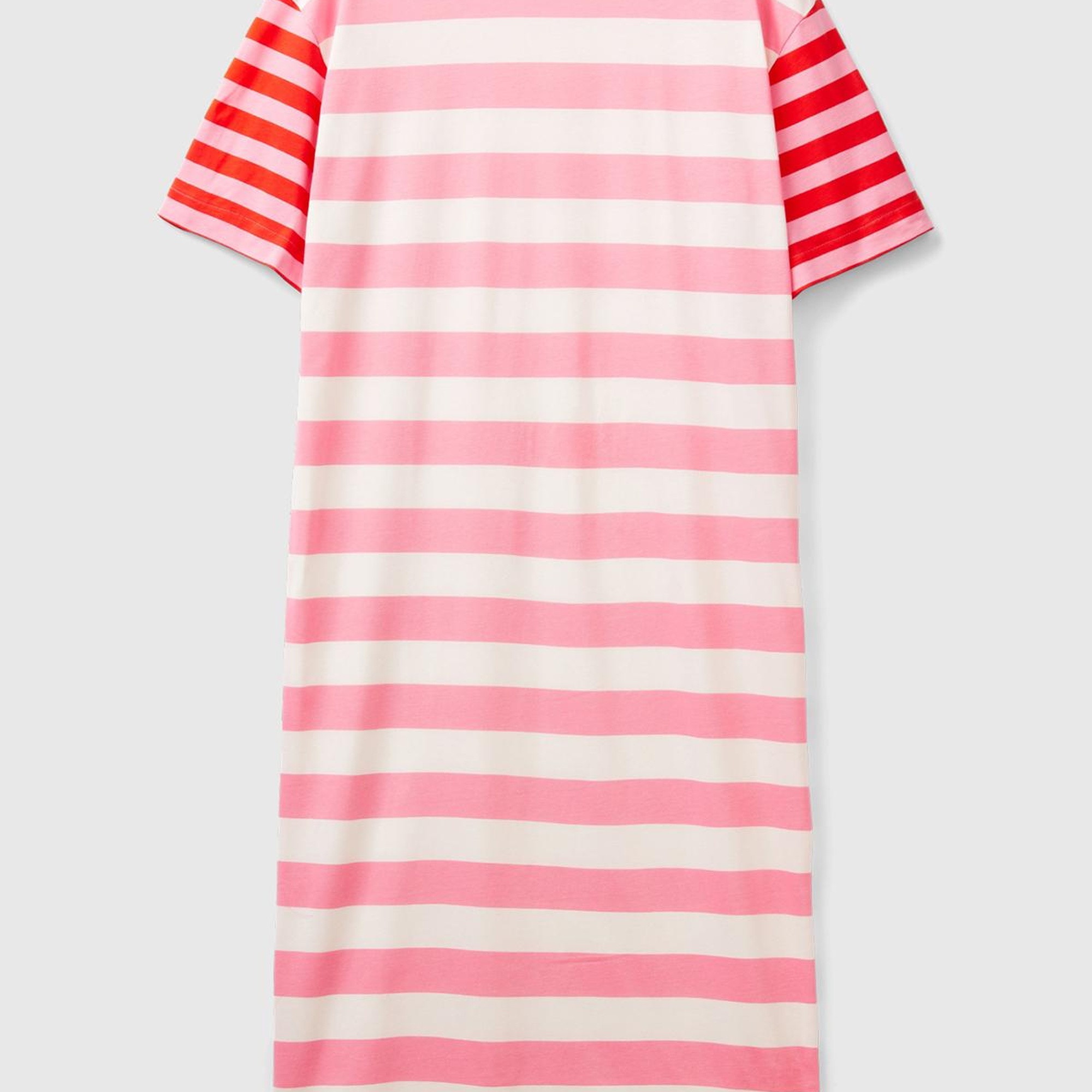 Kadın Pembe Mix %100 Pamuk Çizgili Yanı Yırtmaçlı Bisiklet Yaka Elbise